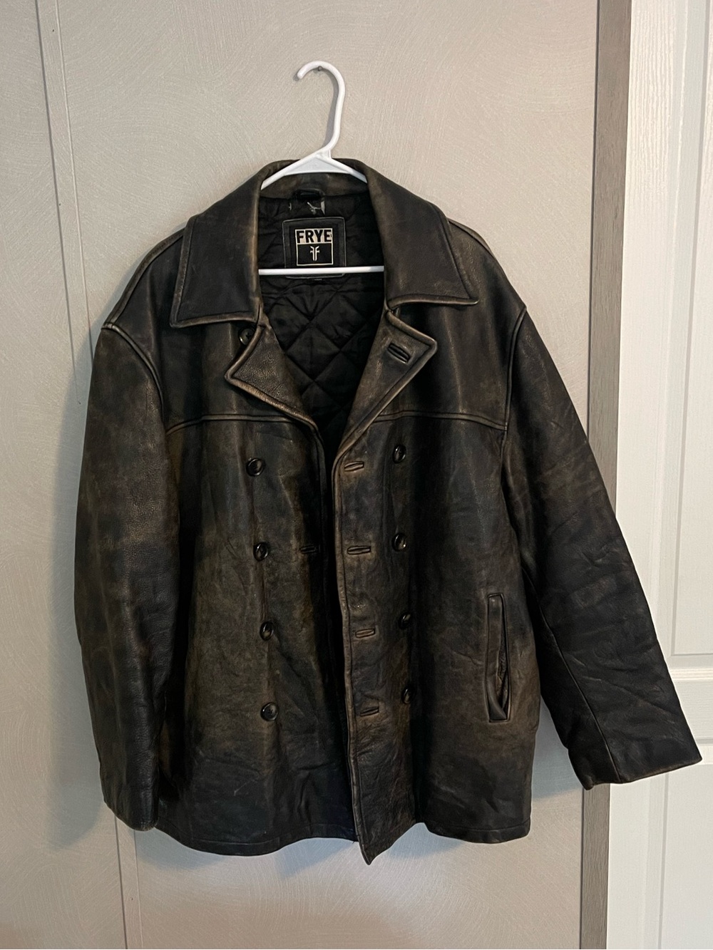 Frye Large Leather Jacket Distressed Brown Double Breasted Classic Rugged